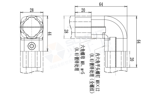 90°內(nèi)接彎形接頭尺寸圖